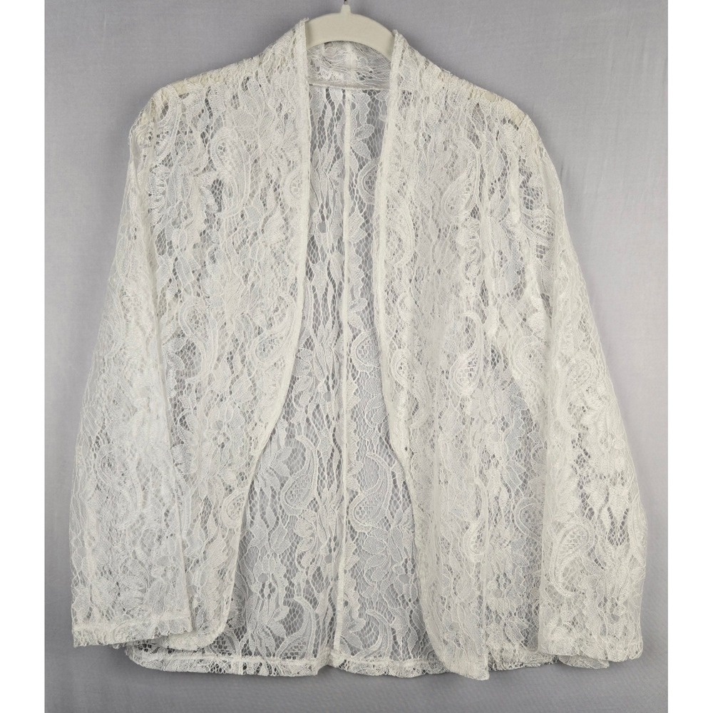 White Lace Open Front Cardigan Sheer Floral Paisley Layering Shrug Medium